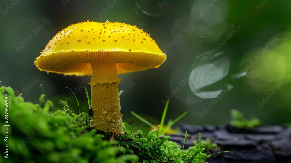 Poster close-up picture of mushroom, a bright yellow mushroom that can be found thought out the year on fal