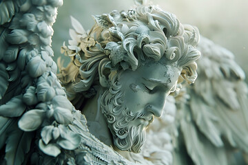 Ethereal Angelic Statue Defies Cosmic Temptation in Baroque Celestial Tableau - obrazy, fototapety, plakaty