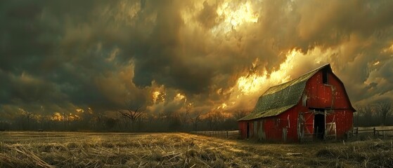 Charged clouds loom over a tranquil landscape, aged barns, dry fields, the air rich with rain aroma - obrazy, fototapety, plakaty