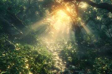 Sun Shines Through Trees in Forest. Generative AI