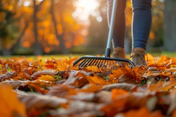 Fotobehang A woman tidies a lawn covered in fall leaves using a rake, surrounded by the warm, glowing light of the setting sun © Larisa AI