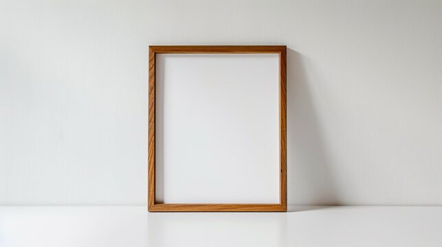 The stark contrast of a solitary wooden frame against a background of immaculate white evoking a sense of minimalist elegance