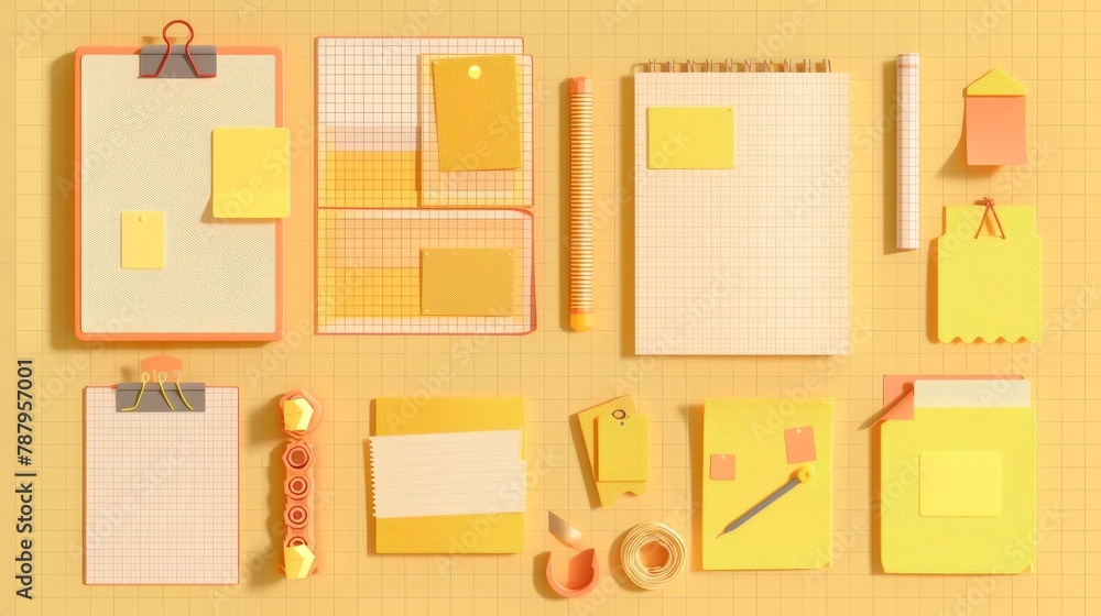 Poster detailed modern mockup set of empty notebook sheet with line, dots and checkered texture. yellow sti