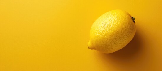 Yellow backdrop with a lemon fruit displayed in a flat lay style, seen from a top view with space...