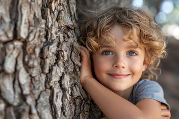 Cute young boy with wavy hair and sparkling blue eyes giving a big, happy smile against a tree