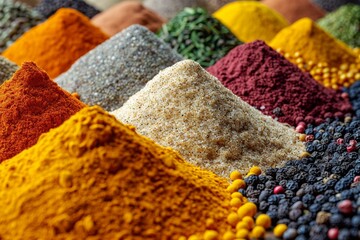 Vibrant close-up of assorted spices in a display, highlighting the textures and colors of each type - Powered by Adobe