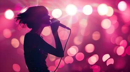 Silhouette of a female singer solo performing on the Stage, holding the microphone, pink smoke, and illuminated stage lights.