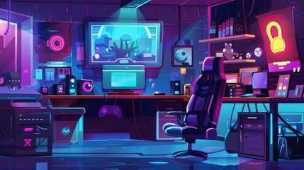 Cartoon dark house inside with gamer computer and headphones, a big TV on the wall and a console with a gamepad, bright neon sign of joystick.