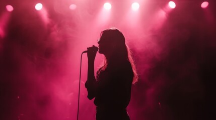Silhouette of a female singer solo performing on the Stage, holding the microphone, pink smoke, and illuminated stage lights.