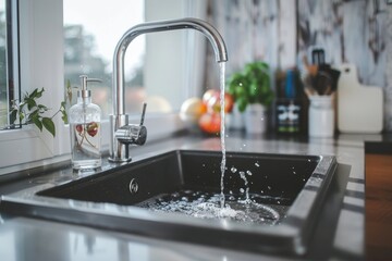 An image showcasing a modern kitchen with an active tap, running clear water, and a soap dispenser by the sink - obrazy, fototapety, plakaty