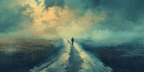 Man Walking Down Road Towards Starry Sky. Generative AI - obrazy, fototapety, plakaty