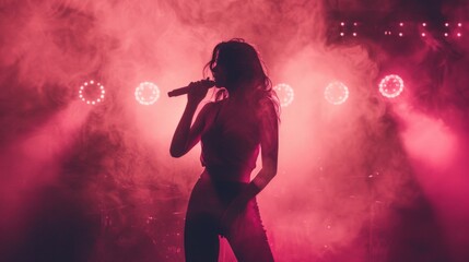 Silhouette of a female singer performing on the Stage, holding the microphone, smoke, and illuminated backlit stage lights.