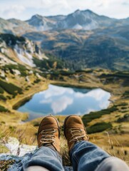 A person relaxes with their feet up on a rock while overlooking a picturesque lake