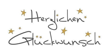 Herzlichen Glückwunsch - deutscher Text von Hand geschrieben mit goldenen Sternen 