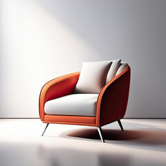A gray armchair with orange armrests of a simple design, standing near the wall. The chair has a modern and stylish look, with a smooth surface and clean lines.