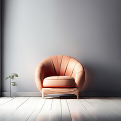 A orange chair of simple design standing near the wall. The chair has a modern and stylish look, with a smooth surface and clean lines.