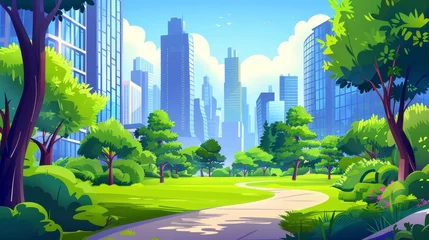 Foto auf Acrylglas Cartoon modern summertime urban landscape with road in garden in downtown. Town panoramic scenery with trees and grass surrounding city public park. © Mark