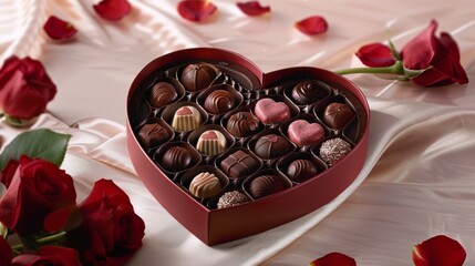 Heart shaped chocolates box and roses.