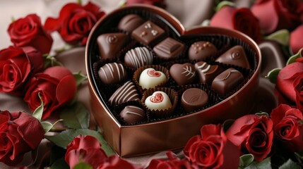 Heart-shaped chocolate box filled with delicious treats on a bed of roses.