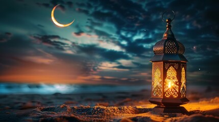The image below depicts a beautiful lantern lamp on the beach with a crescent moon rising in the night sky, as part of the 2024 Ramadan Kareem and Eid Mubarak greeting poster. - obrazy, fototapety, plakaty