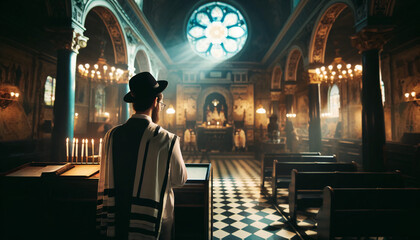 jewish man praying in a synagogue