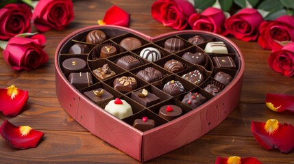 Heart-shaped chocolate box with chocolates.