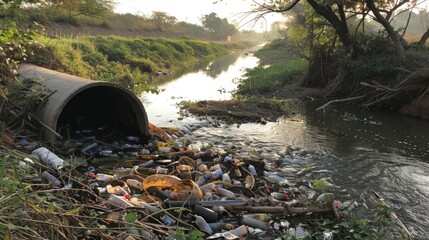 Waste and polluted water discharge through a sewage pipe into a canal, an environmental pollution concept.