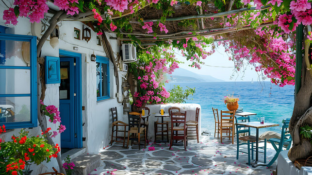 Fototapeta A rustic Greek tavern with wooden tables, white-washed walls, and traditional decor, evoking a warm Mediterranean atmosphere perfect for dining and socializing.