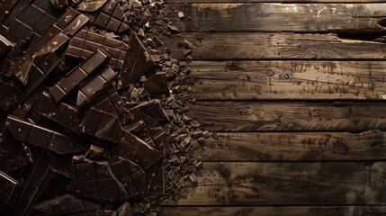Broken dark chocolate pieces on a wooden table top-down view.