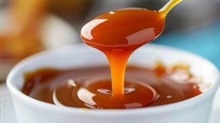 Melted caramel sauce dripping from a spoon to a cup.