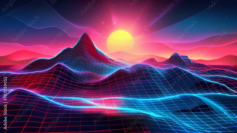 Poster retro synthwave background with wireframe geometric hills and neon pink sunset. abstract wireframe g