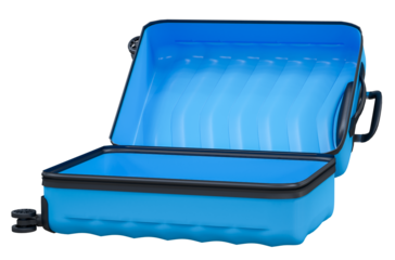 Realistic open Suitcase plastic bag, creative journey concept, travel concept isolated on background. Summer holiday time to Travel Concept. 3D rendering