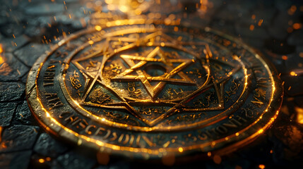 Glowing Pentagram Talisman Coven's Protective Ritual Isolated Cinematic Hyper-Detailed Masterpiece - obrazy, fototapety, plakaty