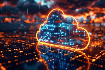 Cloud computing visualization focuses on cybersecurity with encrypted data storage and advanced firewalls