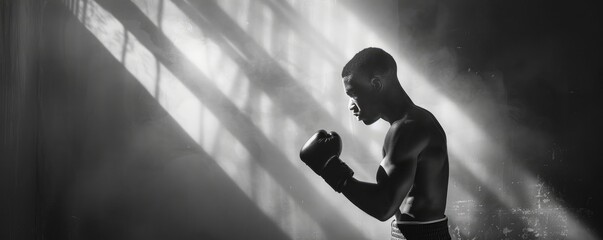 A dramatic black and white image capturing the silhouette of a focused boxer training in a smoky gym, emanating strength and determination.