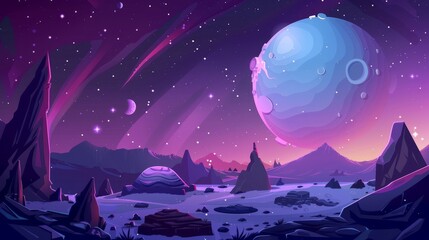 This cartoon modern illustration depicts the surface of an alien planet with craters against a background of deep cosmos sky with space bodies. It is intended for exploration of the cosmic landscapes