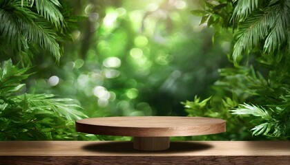Sylvan Showcase: Wooden Podium Display in Blurred Tropical Garden for Natural Products - obrazy, fototapety, plakaty