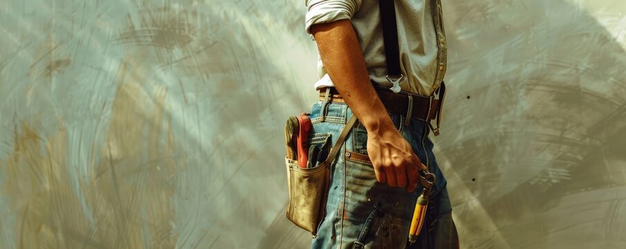 Sunlit composition highlighting a handyman or worker ready for work, tools secured in his belt, emphasizing skill and preparedness.