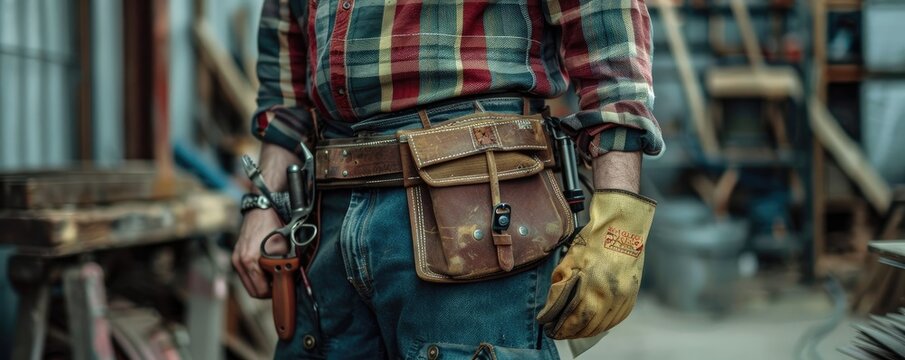 Sunlit composition highlighting a handyman or worker ready for work, tools secured in his belt, emphasizing skill and preparedness.