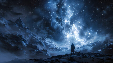 Guardianship Amid the Celestial Abyss:A Solitary Figure Stands Resolute in the Captivating Nightscape - obrazy, fototapety, plakaty