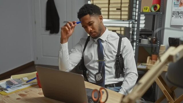A thoughtful african american male detective in an office, analyzing crime evidence with a laptop.