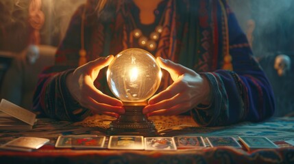 Fortune teller with illuminated crystal ball and tarot cards to prediction future. Hands of astrologists reading future and destiny.