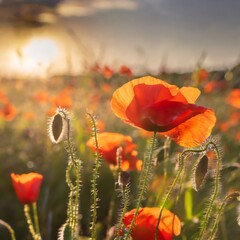 Obraz premium Sunset glow over poppy field