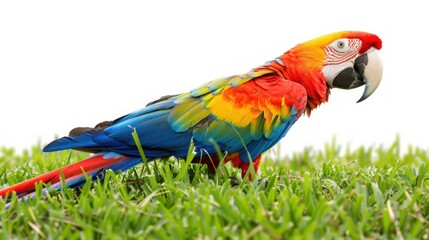 Portrait exotic colorful scarlet macaw parrot on green grass and white background