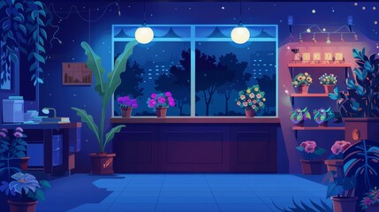 Cartoon modern illustration of dark closed florist store with plants and trees in pots, bouquet on wooden shelf, cash register, and large window with city view.
