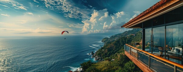 Modern cliffside villa overlooks the ocean with a paraglider soaring by, signifying luxury living and adventure. - obrazy, fototapety, plakaty