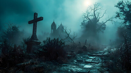 Haunting Graveyard Shrouded in Otherworldly Mist and Necromantic Magic - obrazy, fototapety, plakaty
