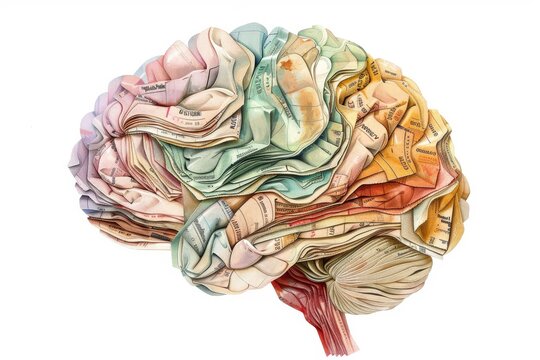 Colorful artistic illustration of a human brain made with crumpled map pieces symbolizing global intelligence and creativity