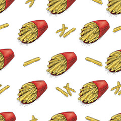 Vector vintage yummy french fries seamless pattern. Hand drawn fast food texture. Great for menu, poster or label Sketch of fried potatoes wrapping paper Engraving Style fries in a paper cup and chips