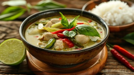 Green curry with chicken, basil, chili, eggplant, lime leaves, rice on a wooden background, side view. Popular Thai food